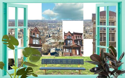Composite image of of the skyline of West Philadelphia, Malcolm X Park, the John Coltrane House,  Henry C. Lea High School, and the historic home of the artist Dox Thrash